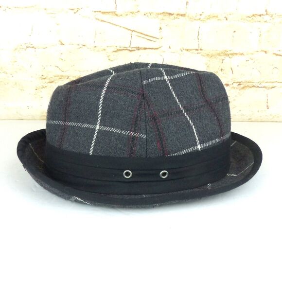 Y2K Ben Sherman Fedora Hat Men L/XL Gray Plaid Wool Black Band Emo Grunge Preppy - Picture 6 of 11